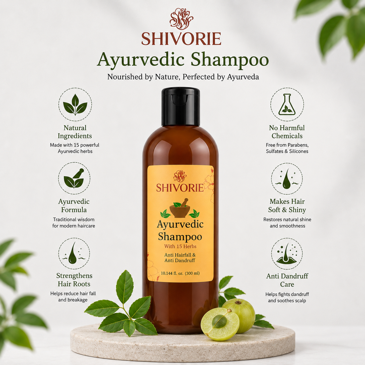 Shivorie Ayurvedic Shampoo with 15 Herbs | Anti Hair Fall & Anti Dandruff Herbal Shampoo | Natural Hair Growth Shampoo for Men & Women | 300ml