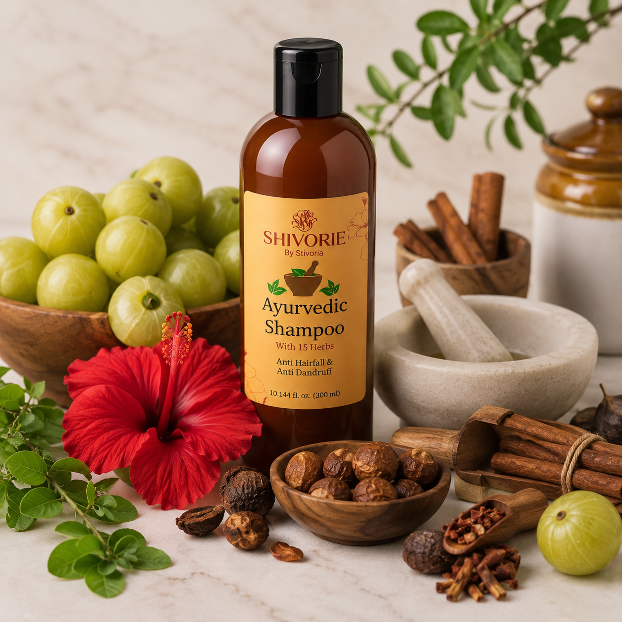 Shivorie Ayurvedic Shampoo with 15 Herbs | Anti Hair Fall & Anti Dandruff Herbal Shampoo | Natural Hair Growth Shampoo for Men & Women | 300ml