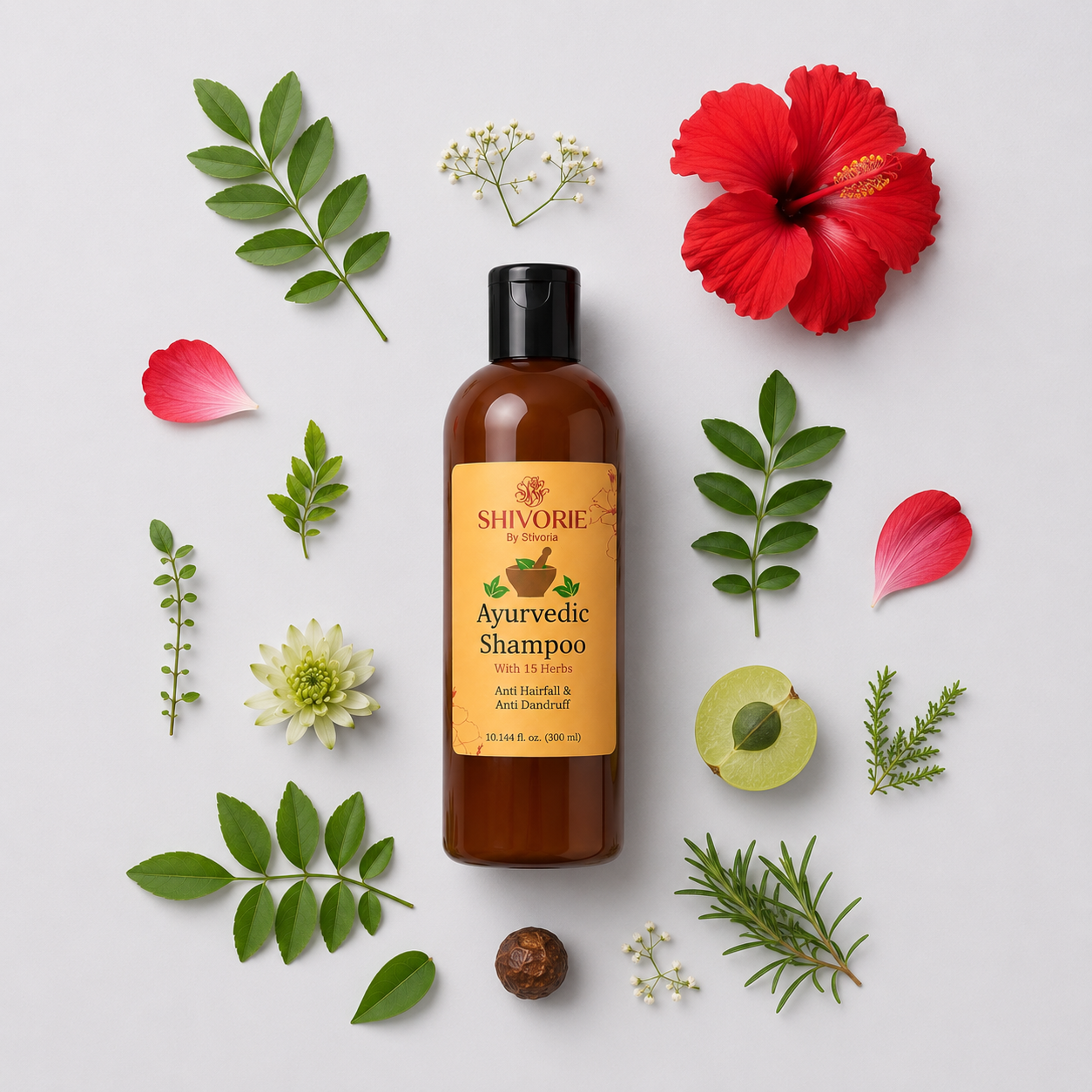 Shivorie Ayurvedic Shampoo with 15 Herbs | Anti Hair Fall & Anti Dandruff Herbal Shampoo | Natural Hair Growth Shampoo for Men & Women | 300ml