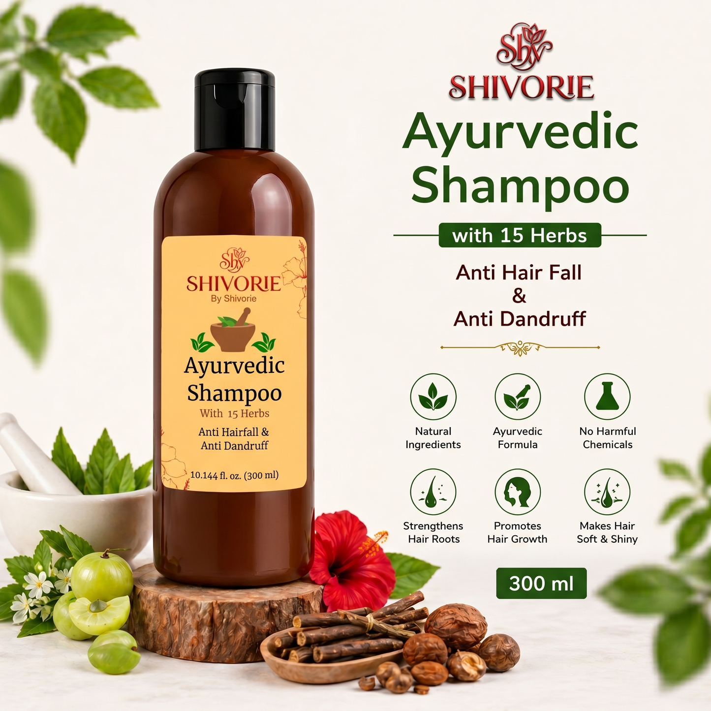 Shivorie Ayurvedic Shampoo with 15 Herbs | Anti Hair Fall & Anti Dandruff Herbal Shampoo | Natural Hair Growth Shampoo for Men & Women | 300ml